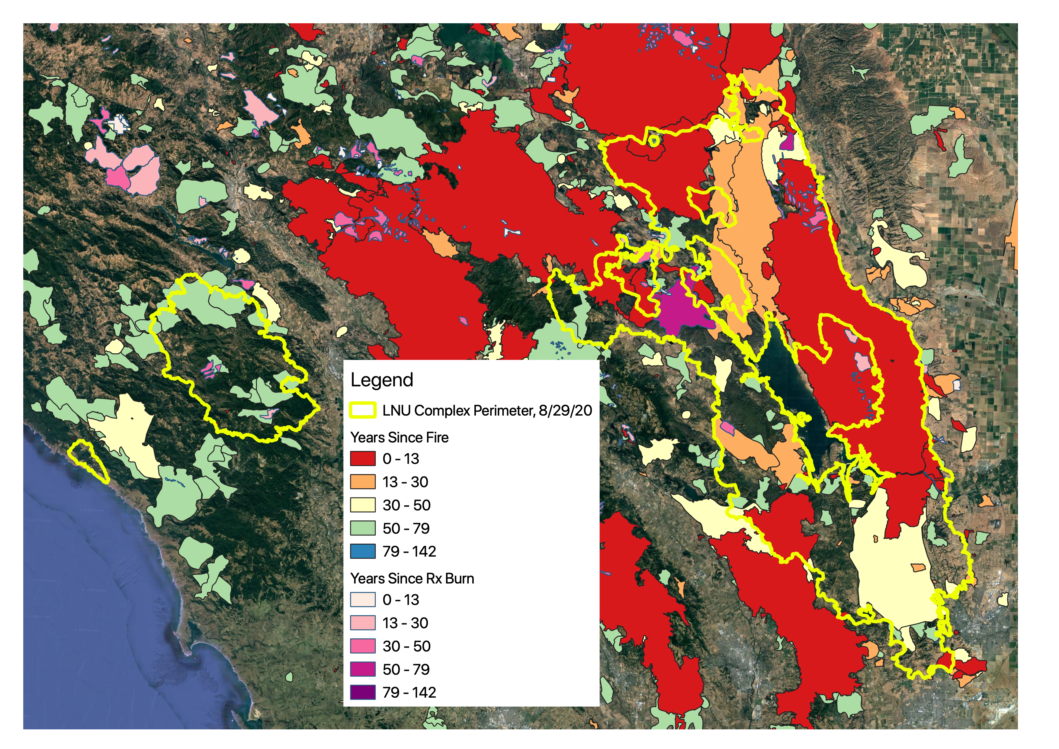 Map showing perimeter of new fire overlaying a patchwork of fires in different colors. Much of the area inside has burned